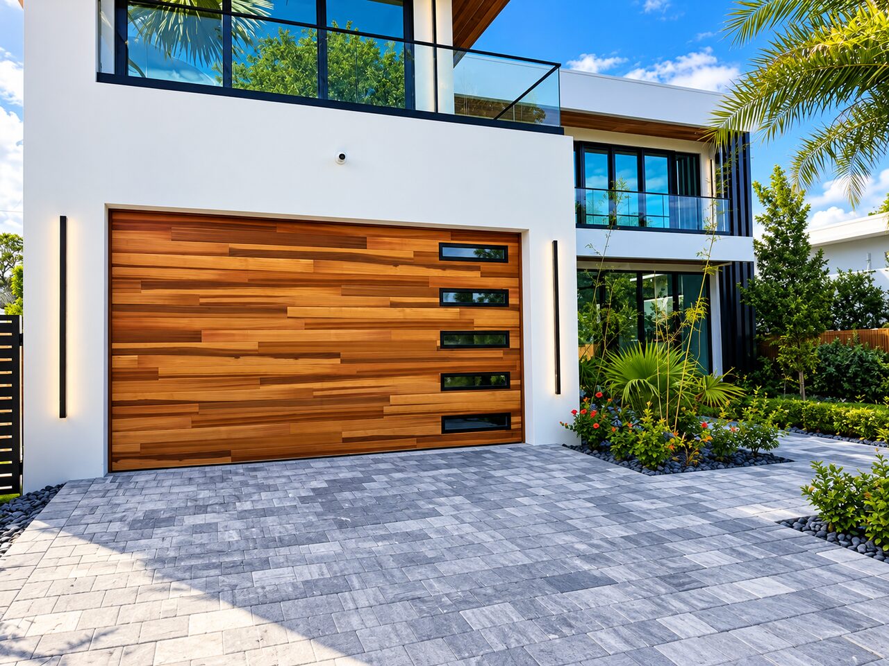 Clopay garage door with a wood-look finish and horizontal windows installed by Unique Garage Door Services at a Fort Lauderdale home.