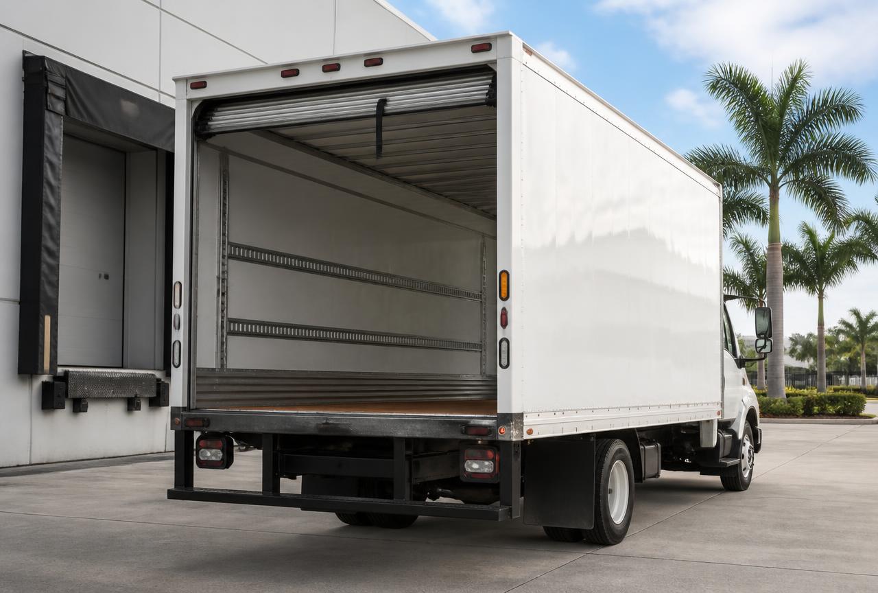 Box truck backed into a loading dock with the rear roll-up door open