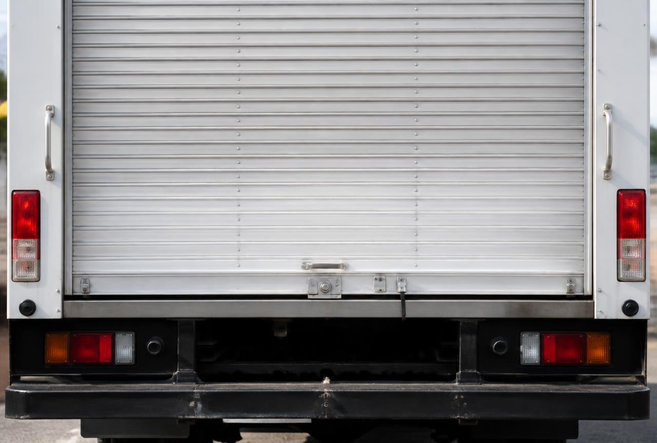 Close-up of a box truck corrugated aluminum rear roll-up door and latch