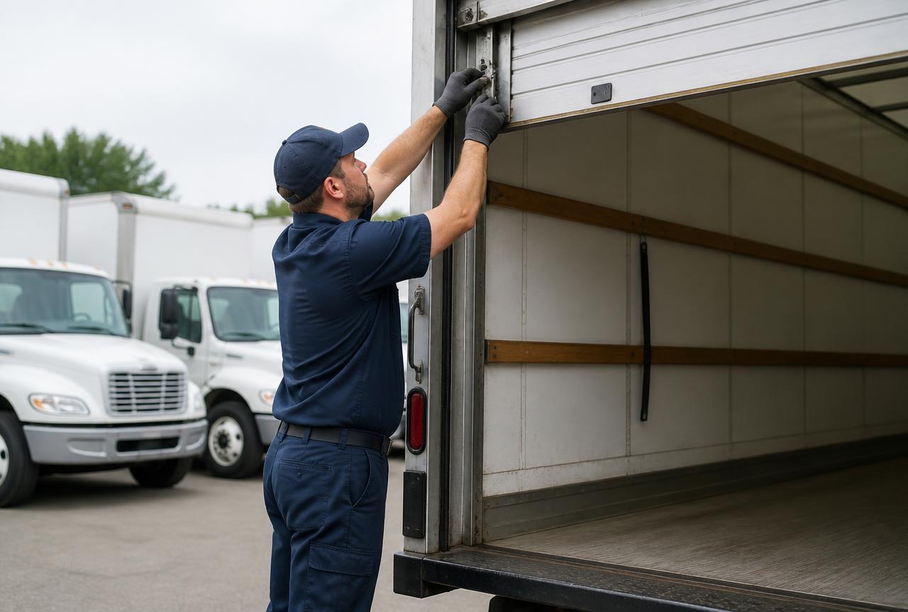 Technician repairing the rear roll-up door track on a delivery box truck